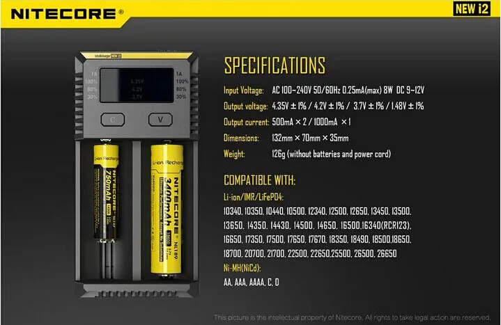 2016 nouvelle Version 100% chargeur de batterie d'origine Nitecore I2 chargeur de batterie Nitecore EU/US pour 16340 10440 14500 18650 26650