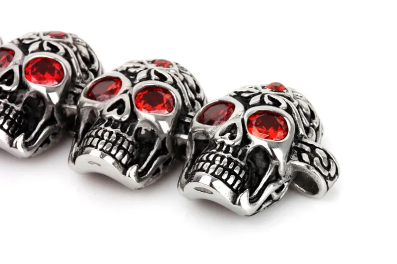 Wysokiej jakości osobowość Vintage Titanium Steel Skull Ruby Łańcuchy Bransoletka Nadgarstki Brace Koronki Męskie Punk Biżuteria