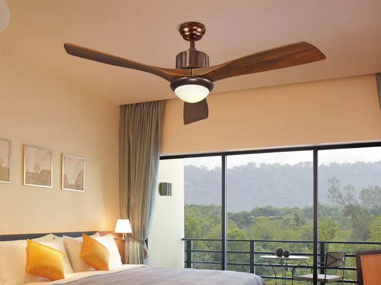 Ventilatore industriale a LED con anta in legno massello leggero, ventilatori a soffitto per sala da pranzo, soggiorno rustico americano