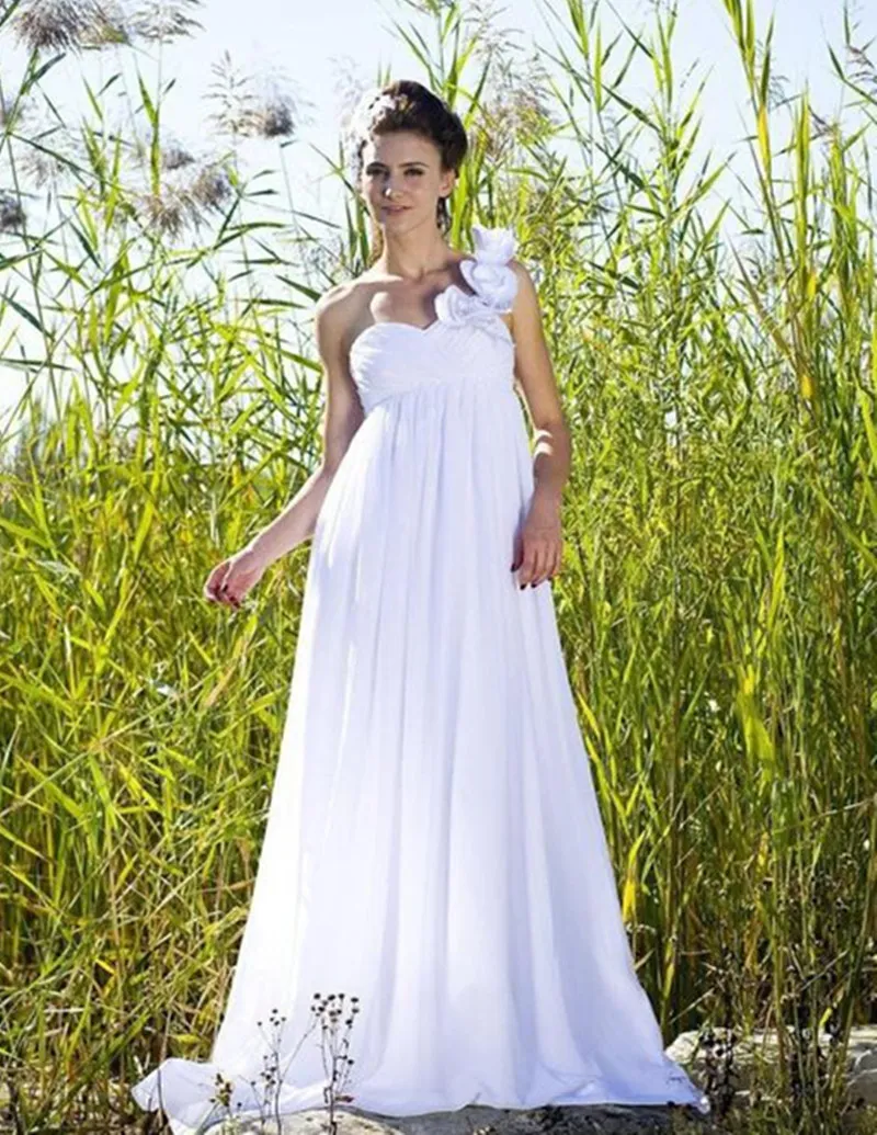 Sommer Elegante Empire Beach Brautkleider für schwangere Schulterblüten Falten Chiffon Lange Brautkleider Individuell gemacht