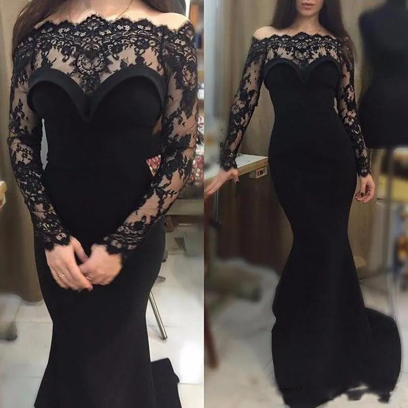 Elegante schwarze Meerjungfrau-Abendkleider, sexy schulterfreie Spitze, transparente Langarm-Abschlussballkleider, Satin, Sweep-Zug, formelle Kleidung, Partykleider