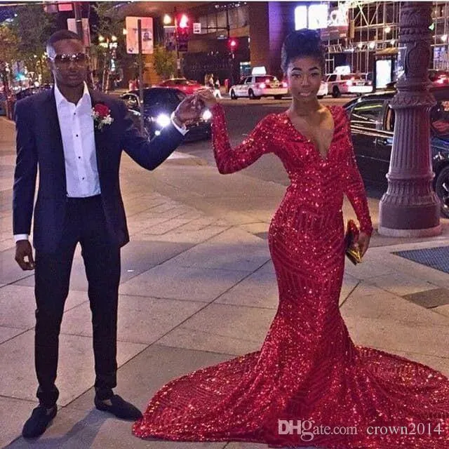 Sexy bling pailletten rood zeemeermin prom jurken African 2k16 zwart meisje lange mouwen v nek speciale gelegenheid promjurken