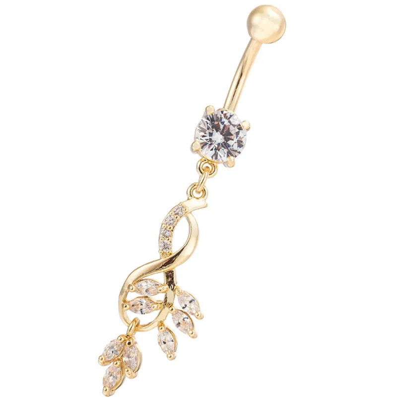 18K Yellow Gold Plated Crystal Leaf Long Tassesl Belly Ring Bar Button Ring Body Piercing Jewelry for Women