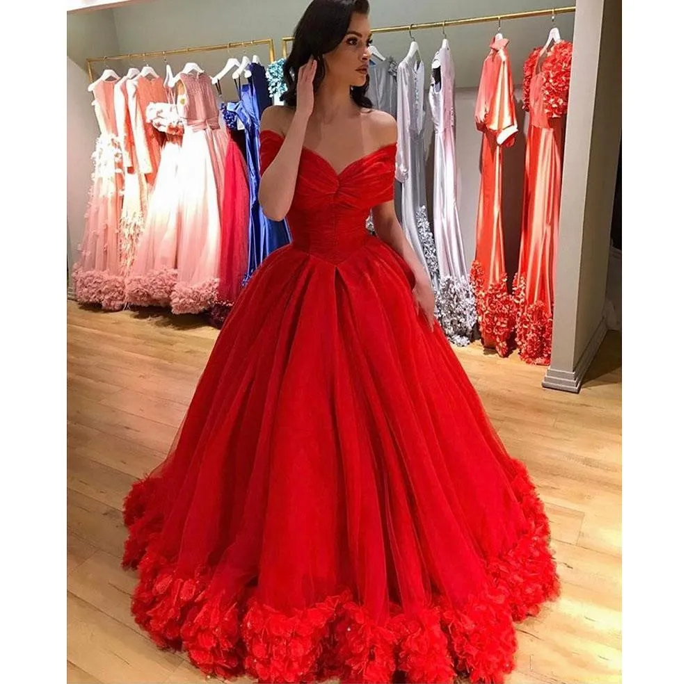 Élégant rouge 3D Floral Applique robes de soirée tenue de soirée 2019 robe de bal hors de l'épaule femmes robes de soirée formelles robe de soirée