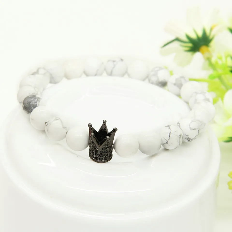 Partihandel 10st / Vit Howlite Marmor stenpärlor Micro Inlay Black CZ Pärlor Crown Mens Armband