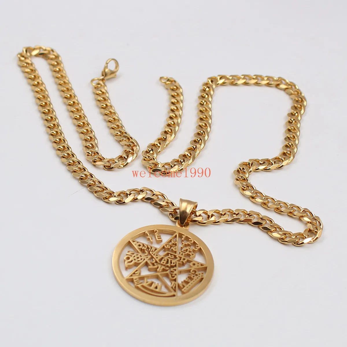 Mens Gold Color Rvs Grote 32mm Geometrische Religieuze Geometrische Joodse Pentagram Wicca Hanger Ketting Curb Chain 5mm 18 '' - 32 ''