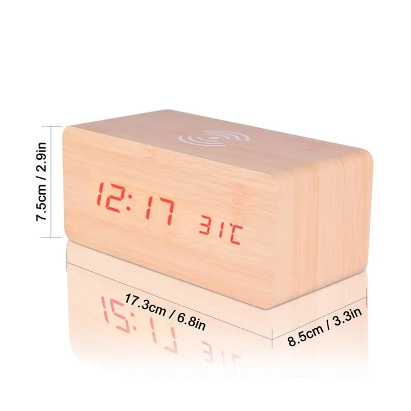 Sveglia multifunzionale in legno Caricabatterie wireless Wood Cube LED Sveglia Termometro Timer Calendario Ricarica QI wireless smartphone