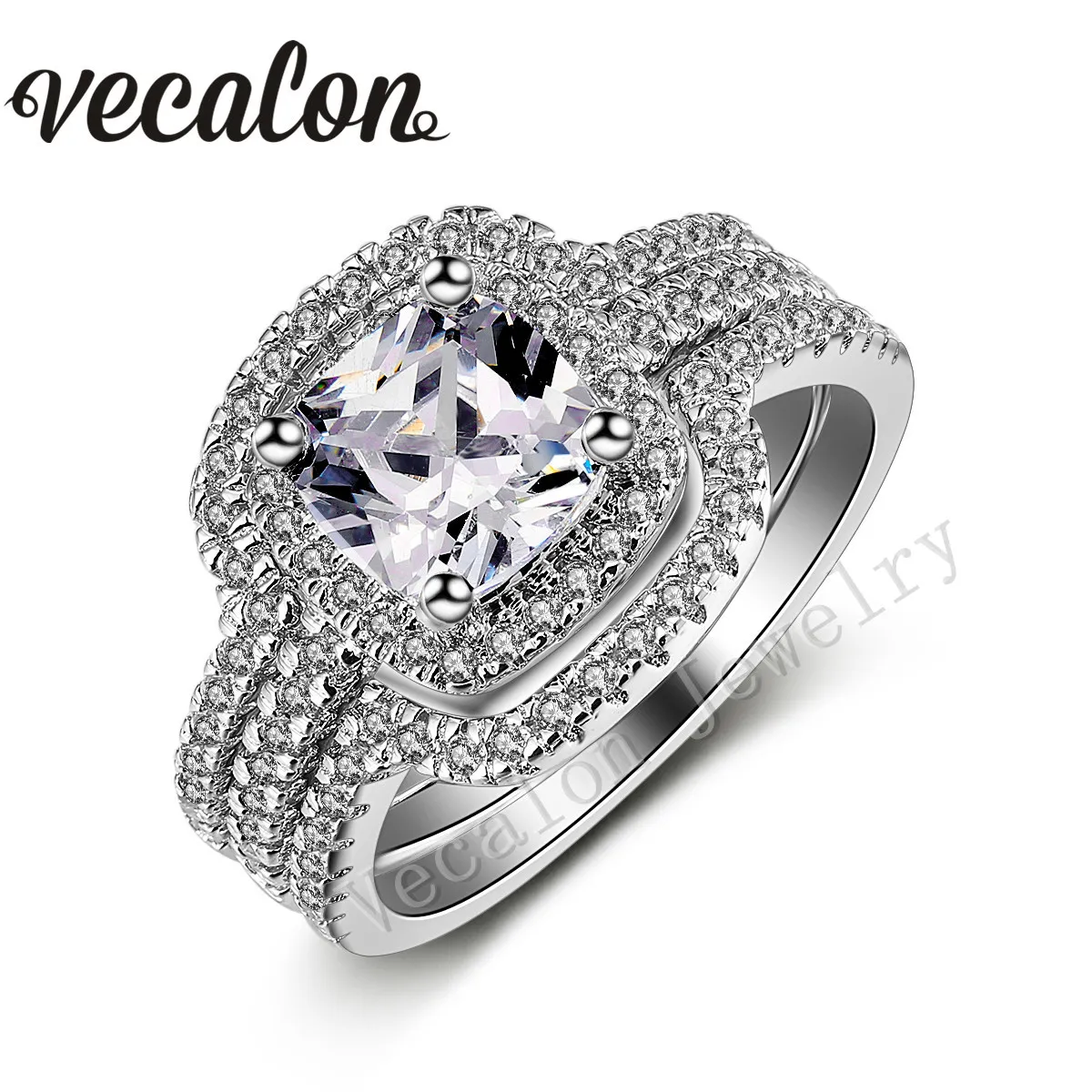 Vecalon New 3CT Cushion Cut Symulowany Diamond CZ 3-In-1 Pierścień ślubu Zestaw do kobiet 10KT biały złoty wypełniony pierścionek zaręczynowy