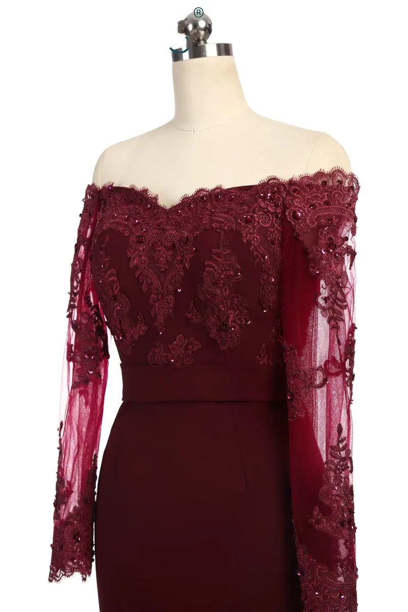 Moda Dark Rosso Off La spalla lunga abito da ballo a buon mercato con illusione maniche in pizzo Mermaid Chiffon in chiffon perline perline da sposa Party da sera 2022