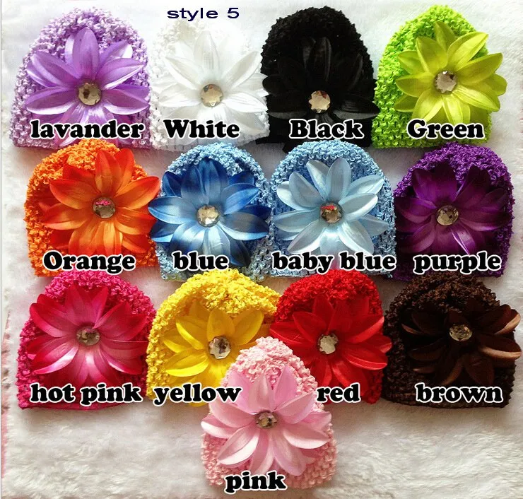 20 sztuk Baby Wafel Caps Crochet Hats Hair Flower Clips Beanie Z Lily Piwonia Daisy Kwiat Dziewczyna Toddler Stretch Caps MZ9111