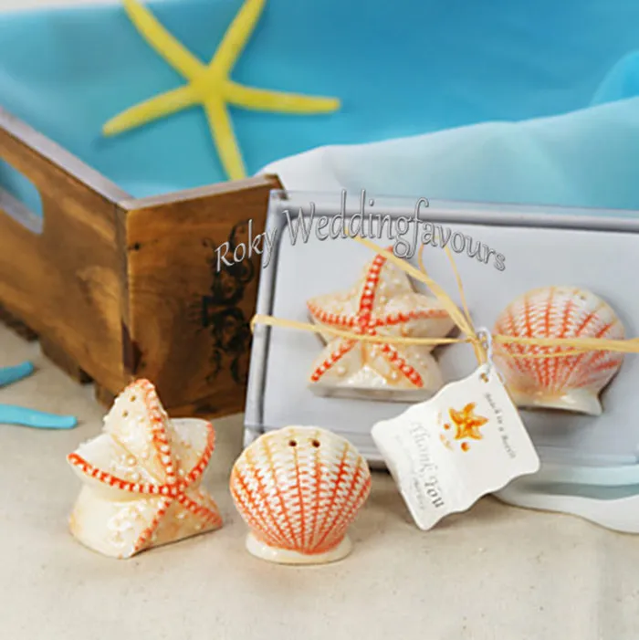 DHL FRETE GRÁTIS 100 Sets Seashell e Estrela Do Mar Sal Pimenta Shaker Favores Do Casamento Idéias Do Partido de Noivado Decoração de Mesa de Aniversário