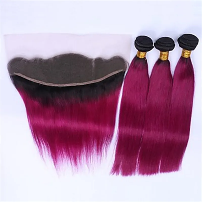 Brasilianska Human Virgin Hair Fuschia Ombre Hårbuntar Med Snörning Frontlåsning 4st / Många Lila Peruvian Virgin Hair With Frontal Closure