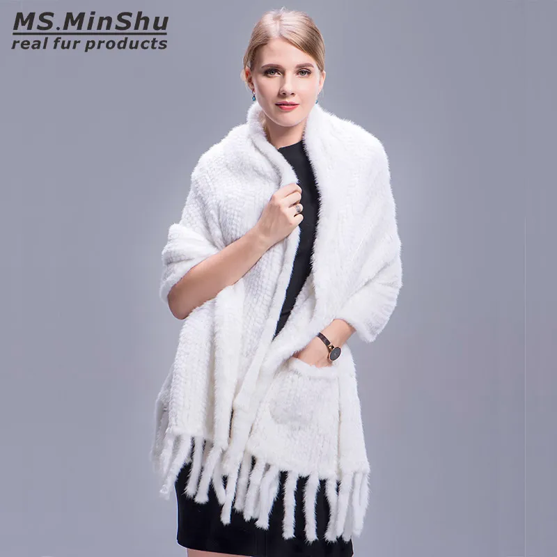 Mão de malha luxo real mink peles lenços xaile wrap wrap inverno outono genuíno lenço de vison para as mulheres