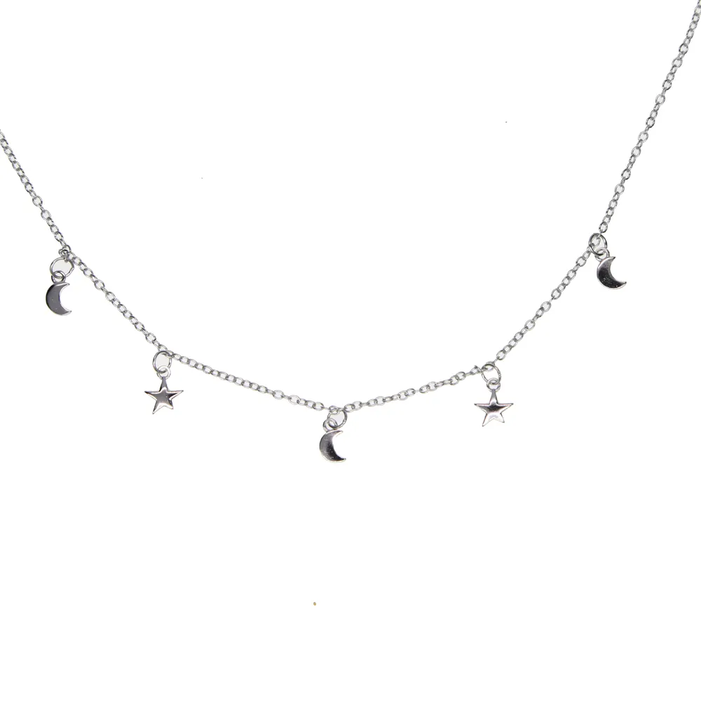 Einfaches Design, kein Stein, schlichte Mond-Stern-Charm-Statement-Halskette aus 925er Sterlingsilber für Mädchen und Frauen