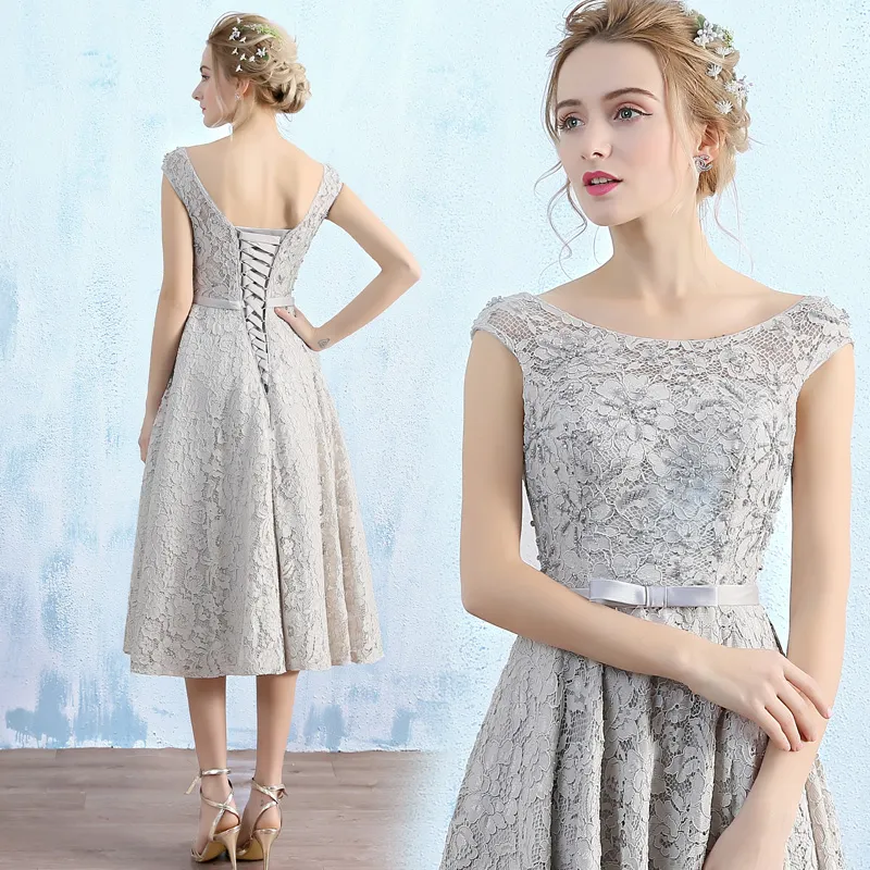 Fancy Light gray Lace Mother of the Bride Dresses Tea Length Scoop Lace-up Back Floral Lace with Beading Wedding Party Dresses Evening Gowns