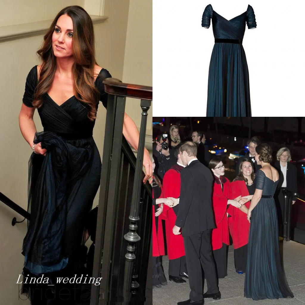 Jenny Packham Kate Middleton Abito da sera blu navy Abito da ballo formale lungo senza schienale a maniche corte