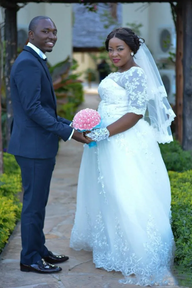 Lace Plus Size Nigeria Wedding Dresses Sheer Half Long Sleeve A Line Bridal Gowns South African Wedding Dresses Custom Made