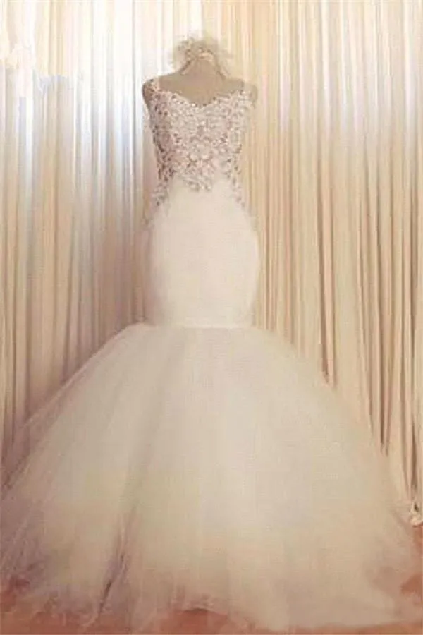 Fabuleux 2016 Sexy Chérie Dos Nu Tulle Sirène Robes De Mariée Puffy Modeste Dentelle Perlée Longue Robes De Mariée Sur Mesure EN73010