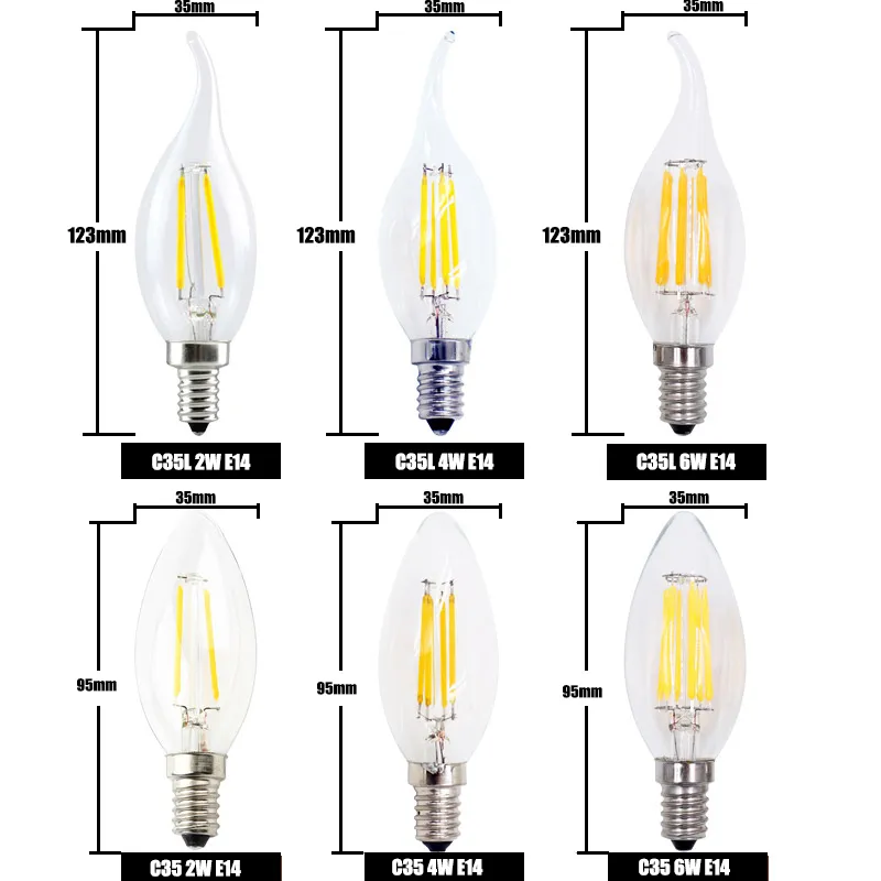 E12 E14 B22 E27 Filament LED świeca żarówka 2W 4W 6W żarówki Wymiana 60 W żarówki LED SAA UL AC85-265V