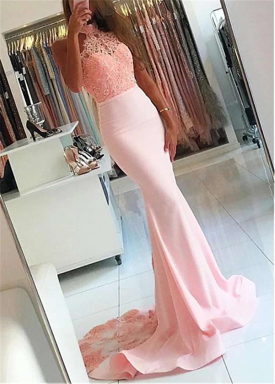 Popular Stretch Satin High Collar Neckline Mermaid Prom Dresses With Beaded Lace Appliques & Belt Pink Backless Evening Dress