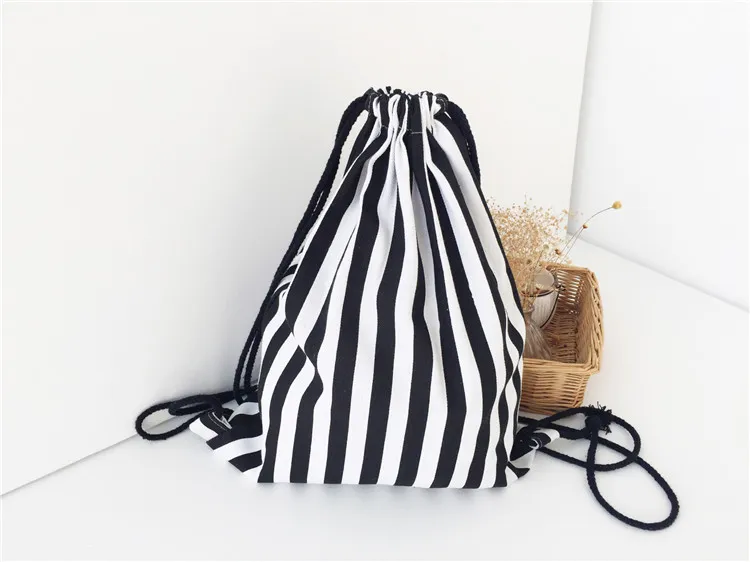 Black and White stripe Canvas backpack Bag drawing string shoulders bag artistic canvas bag students school bag Shopping Bags