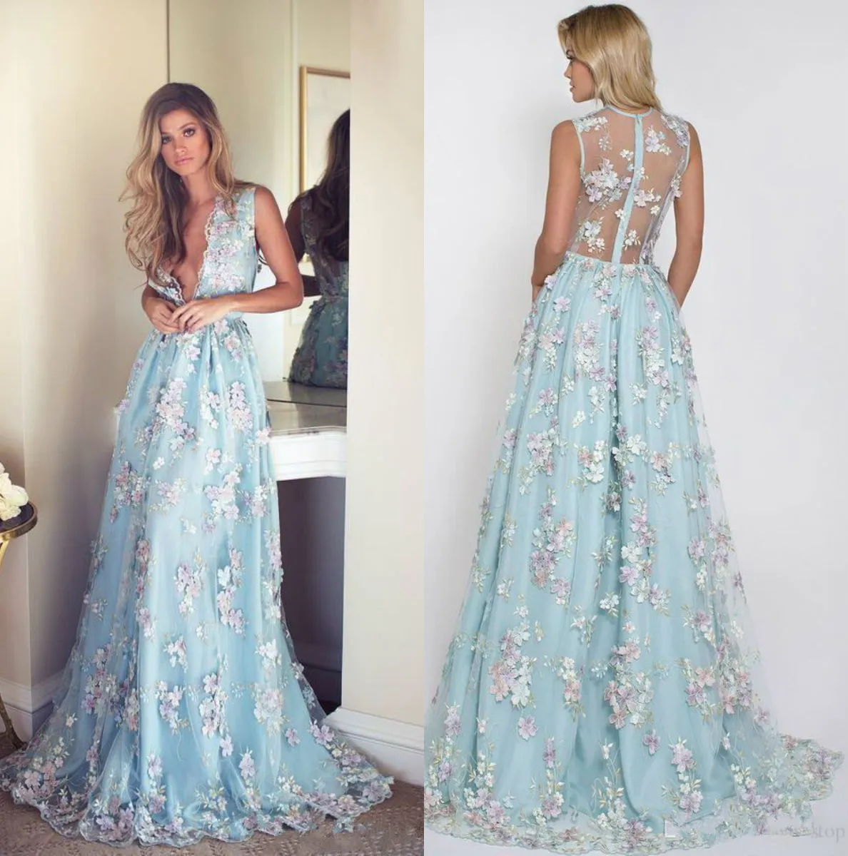 chinese dress ladies Tulle Prom Dress A-Line Sky Blue Lace-Up Sweep Sleeveless Split Lace main image 1