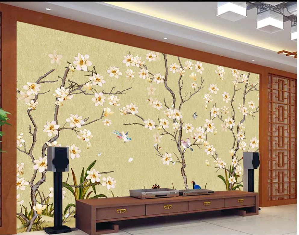 3D фрески обои для гостиной ручная роспись цветы и птицы ТВ фон стены 3d обои для комнаты
