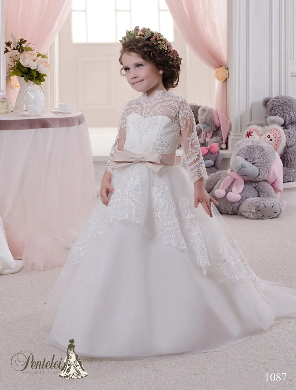 2016 Miniature Bride Dresses with High Neck and Long Sleeves Lace Appliques Tulle Ball Gown Cute Flower Girls Gowns with Train