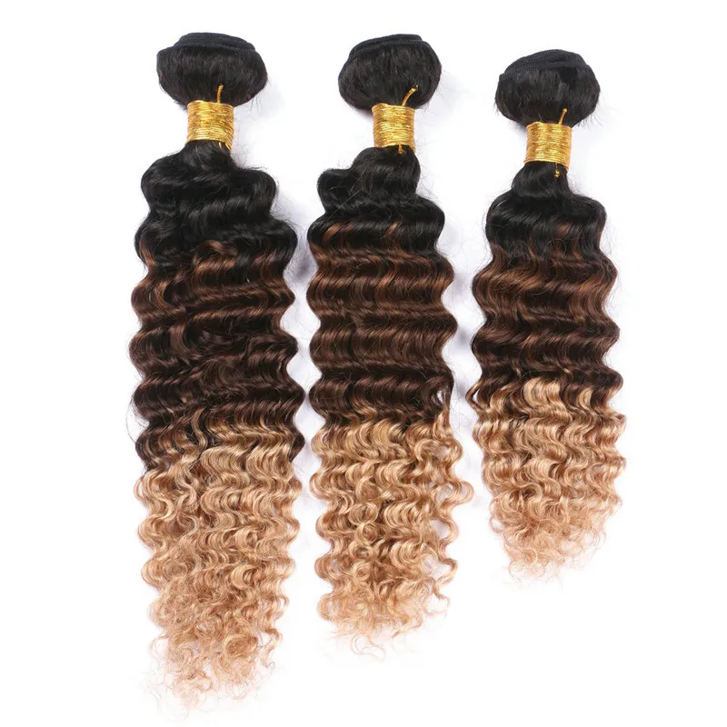 # 1B / 4/27 Noir Brun Miel Blonde 3Tone Ombre Péruvienne Vierge Bundles de Tissage de Cheveux Humains Vague Profonde Ondulée Extensions de Trame de Cheveux Vierges