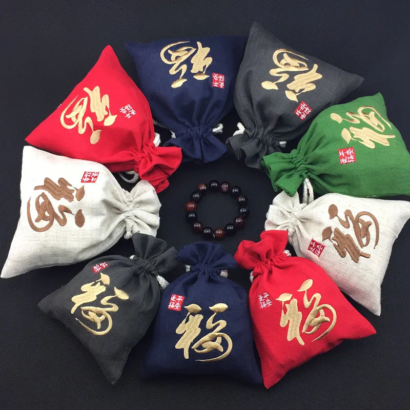 Chinois Fu petit grand coton lin fête sacs-cadeaux bijoux pochettes de haute qualité cordon emballage en tissu sac de rangement décoratif