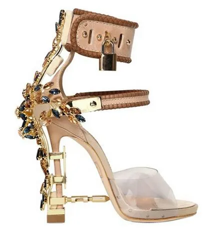 Sandalia Feminina Luxury Metal High Heel Crystal Designer Shoes Woman PVC Gladiator Sandals Padlock Bejeweled Ankle Strap Rhinestone Sandal