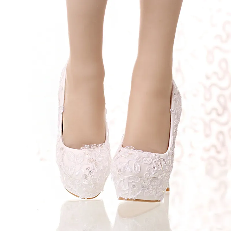 Zapatos de novia de encaje blanco y purpurina, zapatos de boda con lazo de punta redonda, zapatos de boda con plataforma de tacón alto, zapatos de fiesta para mujer, zapatos de dama de honor Pump2825