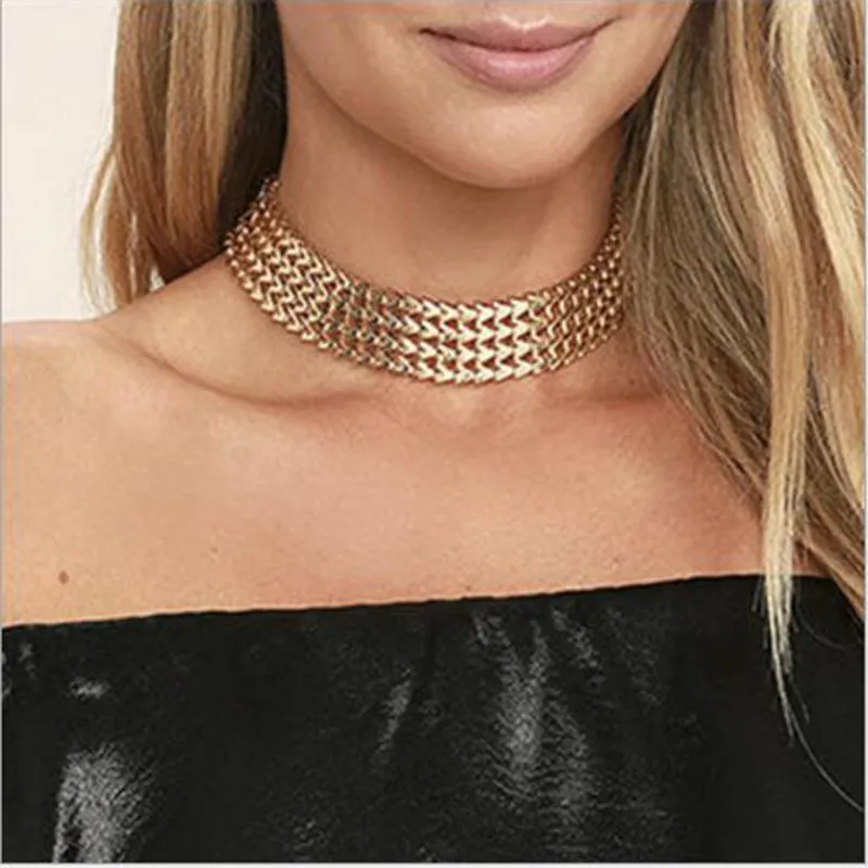 Partihandel-Fashion Wide Women Choker Halsband Guld / Silver Färg Zinc Alloy Kvinna Kedja Halsband Neck Smycken Collier Femme