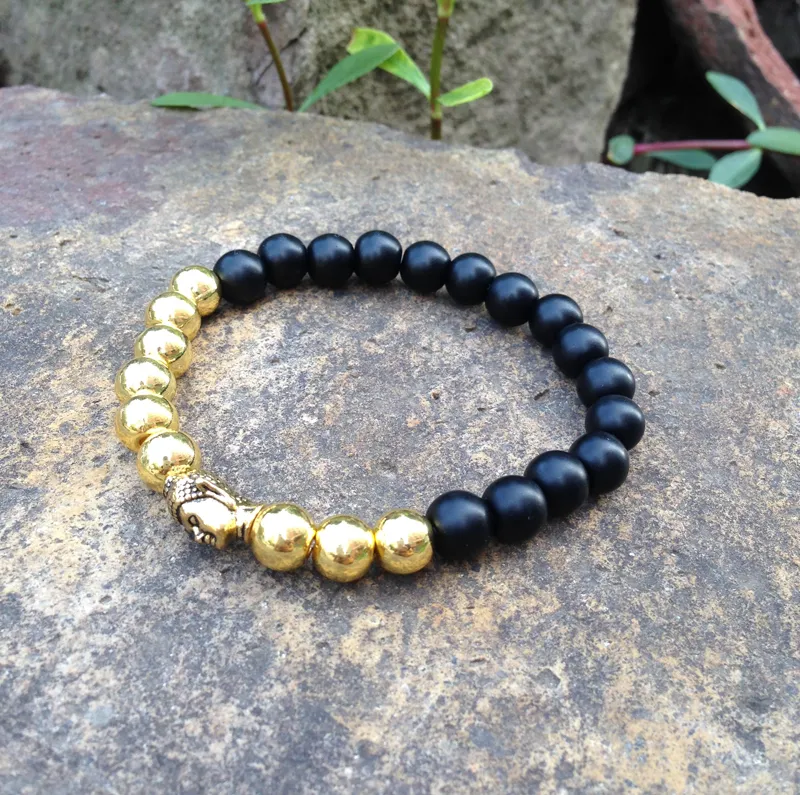 SN0379 Guld Silver Pärlor Armband Guld Buddha Head Matte Black Onyx Stone Armband Metallpärlor Yoga Smycken