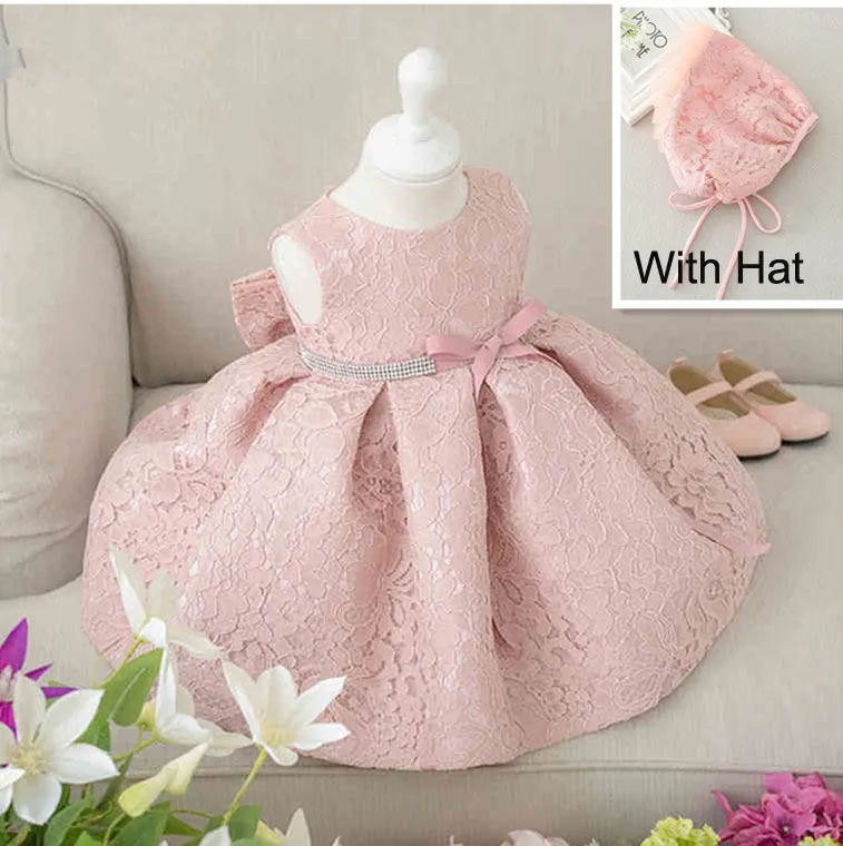 Senaste uppsättning av ett år gammal baby flicka dop klänningar prinsessa bröllop vestidos tutu 2016 baby flicka dop klänning med hatt