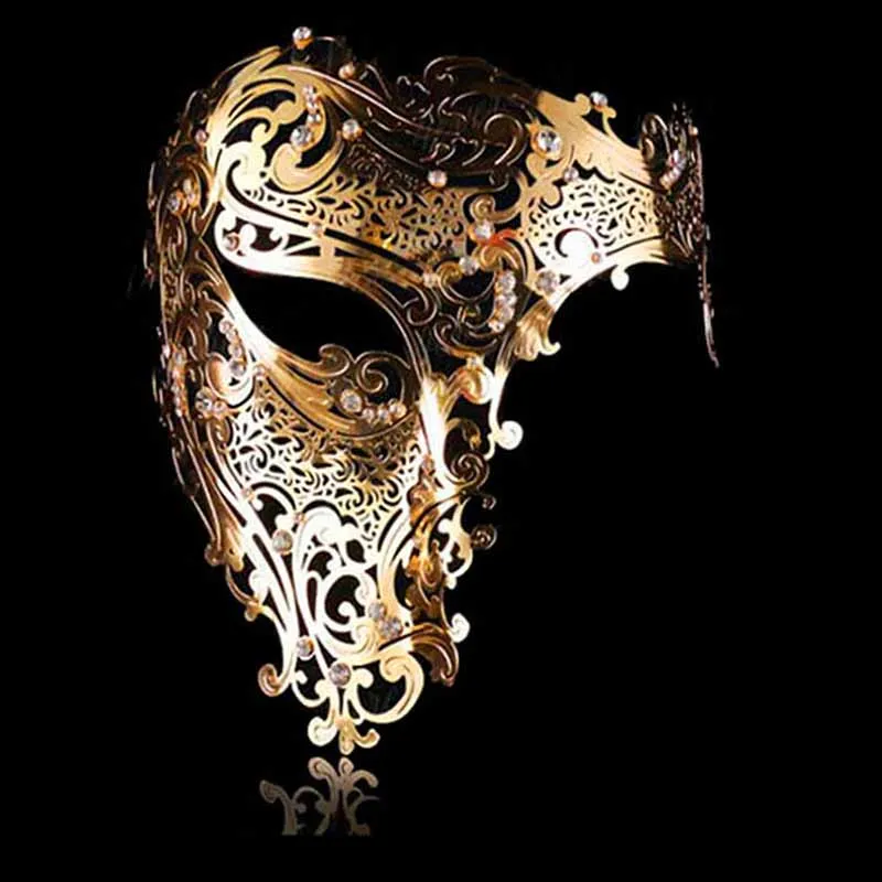 Party Masks Fashion Cosplay Halloween Mask Svart Silver Rhinestone Phantom Metal Filigree Venetian Party Mask Gold Red Half Face Mask