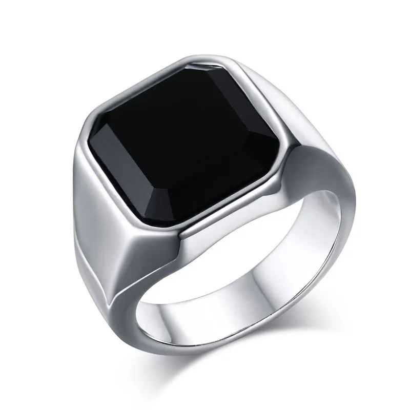 Stainless Steel High Polished Black Agate Mens Ring Fashion Jewelry Rings Accessories Silver Size 8-12