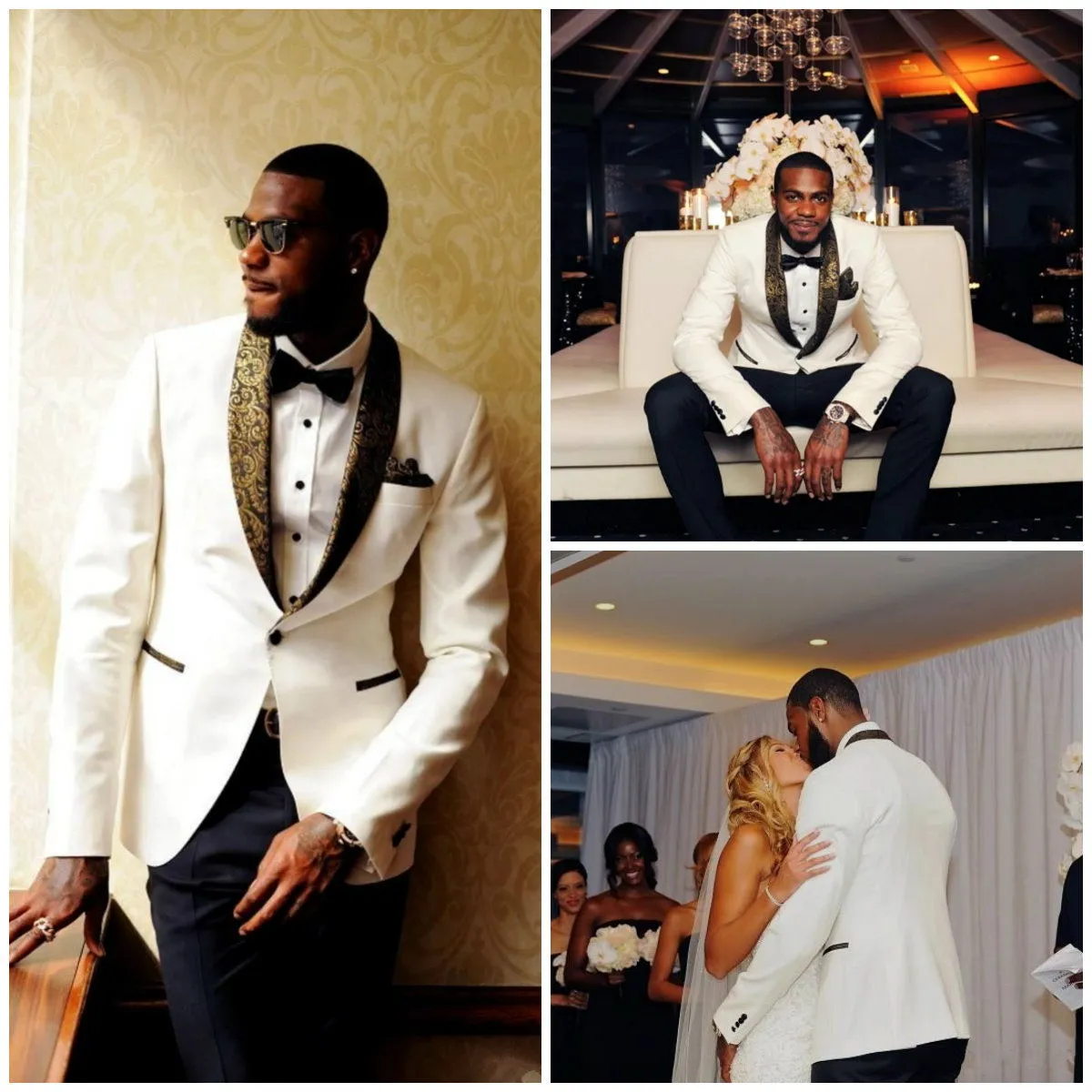 Homens brancos bonitos ternos 2 peças Slim Fit Pedido personalizado do noivo (jaqueta + calças) com lenço e gravata borboleta