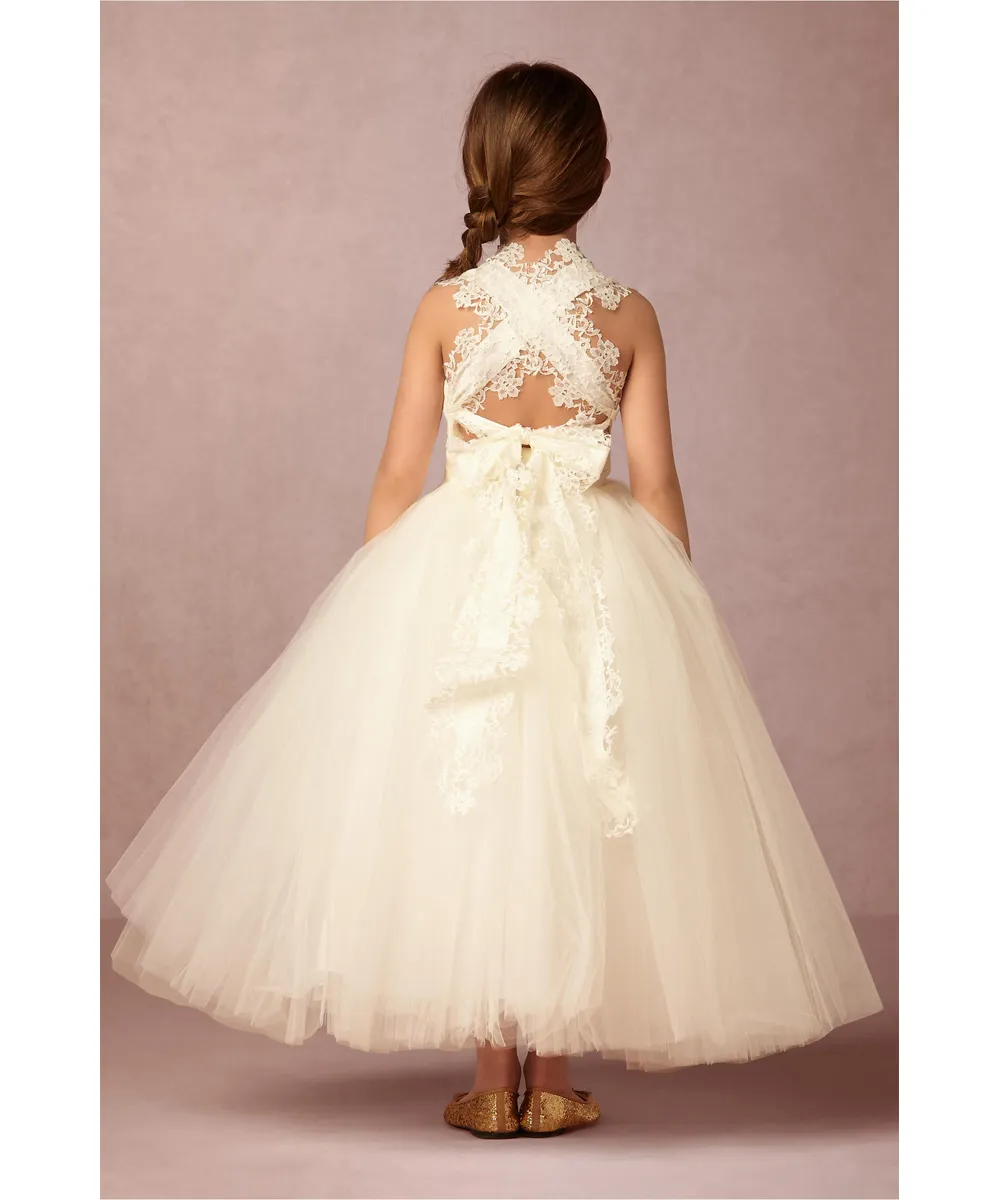 2016 Romantyczna suknia kulowa Kwiat Girl Dresses Pleys Tulle Z Kwiatowymi Koronkami Fancy Girls Dresses Ivory na przyjęcie urodzinowe