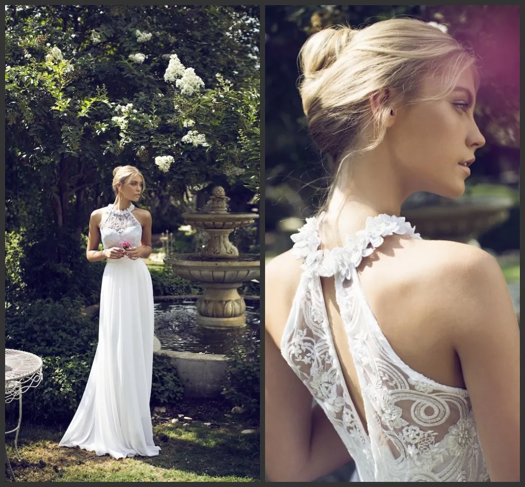 Halter Neck Wedding Dresses 2022 Handmade Flowers White Lace Sleeveless Long Beach Wedding Chiffon Dresses Open Back Dresses