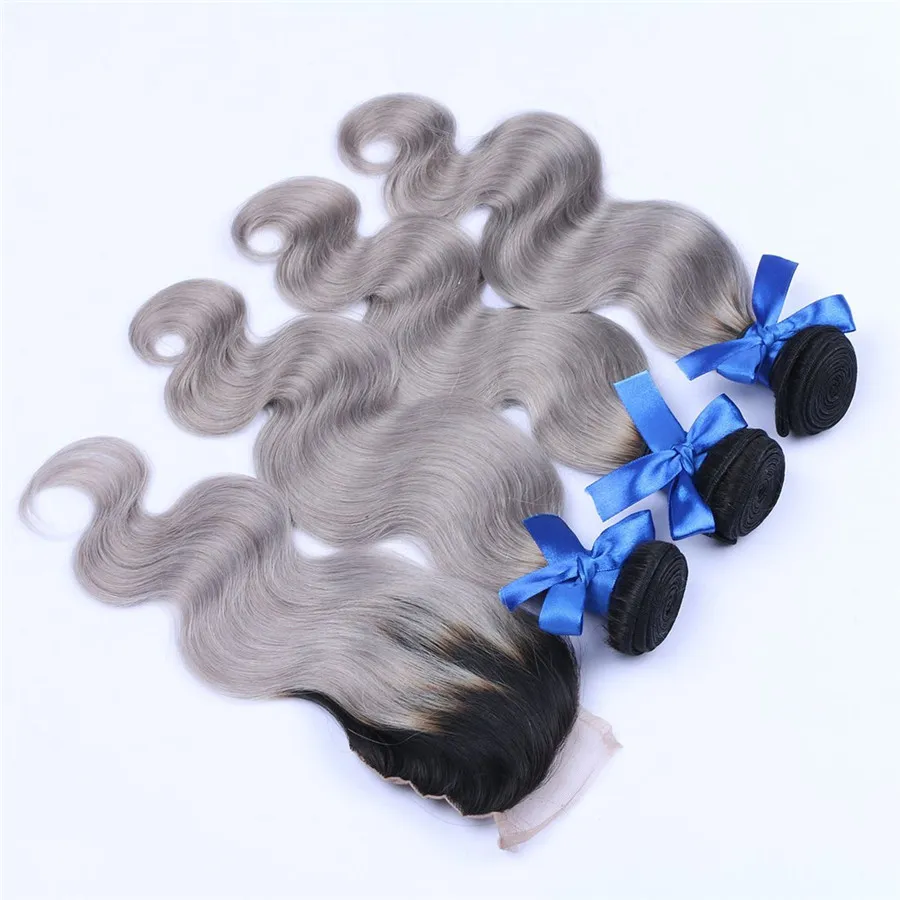 Ombre Human Weft Hair Weave Ciało Wave 1B / Gray 7a Brazylijski 3 Wiązki z koronki Top Zamknięcie Srebrne Włosy Rozszerzenia 10-30