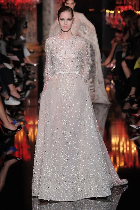 2016 O Pescoço Manga Comprida Prom Vestidos Elie Saab Vestidos Frisados Strass Bolso Longo Vestidos de Celebridades269l