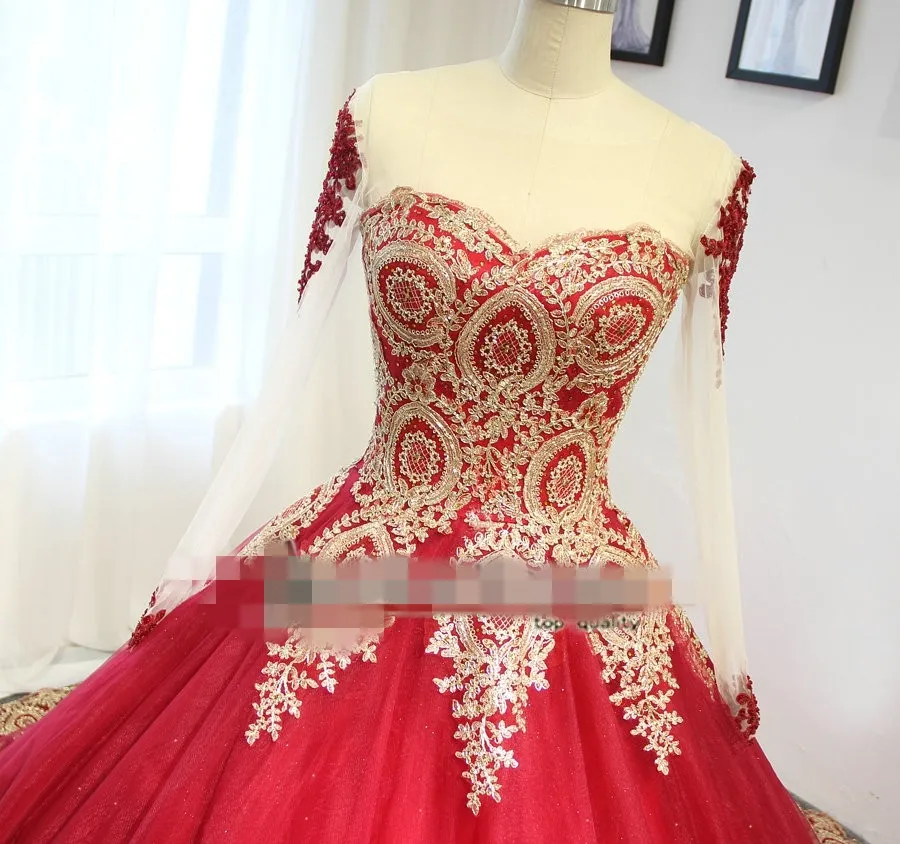 جديد الأحمر والذهب الكرة بثوب فساتين الزفاف مع طويلة الأكمام مشد غير بيضاء ملونة أثواب الزفاف العربية اللباس الرسمي مخصص