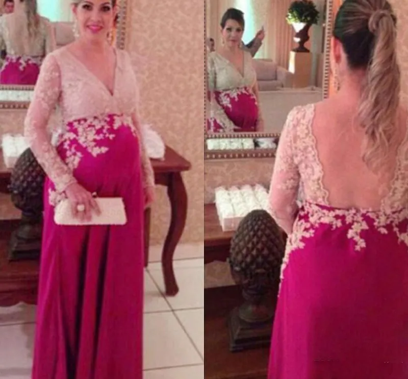 Vestidos de noche de maternidad de encaje con manga larga con cuello en V sin espalda Fushia gasa mujeres fiesta formal vestido de noche espalda abierta vestidos de baile