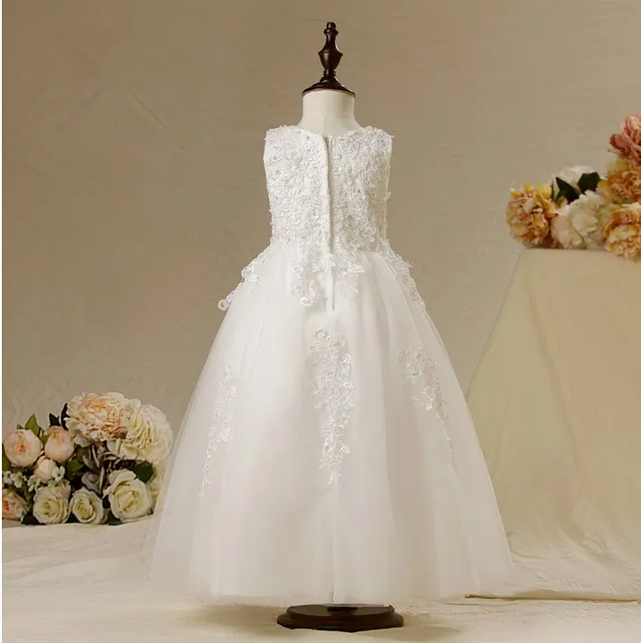 vestidos de daminha White Tulle Lace Beaded Ball Gown Long Flower Girl Dresses For Weddings 2015 Kids Birthday Party Dresses