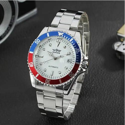 Fashion Casual Mens Watches Top Brand Luxury Winner Full Stainless Steel Auto Day Dial Display Automatic Mechanical Wrist Watch
