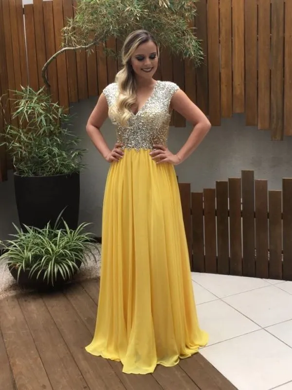 Modest Yellow Cap Sleeve Top Paillettes Abiti da sera Lunghezza del pavimento Chiffon Abiti da cerimonia lunghi da sera Abiti da sera 2018 Abiti da festa da giardino