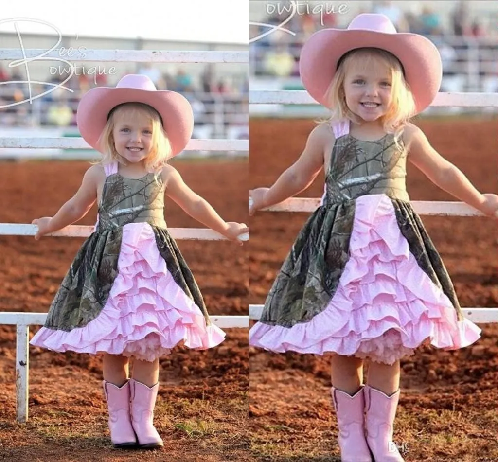 Günstige Blumen Mädchenkleid, kurz, Camo, Weiß, rosa Satin, süßes Kleid für Kinder, Strandhochzeitskleid, ärmellos, knielang, Stufenröcke, Vintage