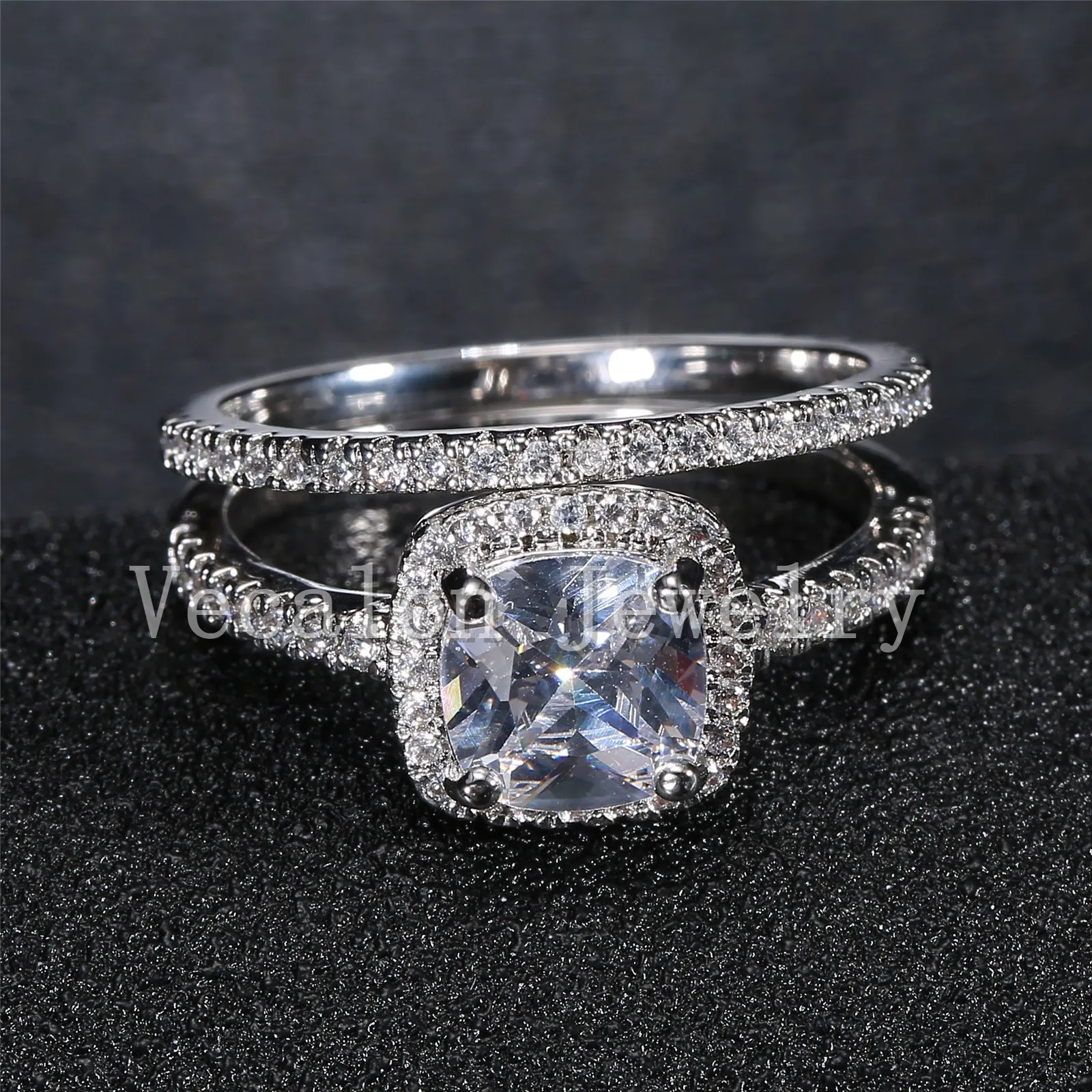 Vecalon 2016 クッション カット 3ct 模擬ダイヤモンド Cz 結婚指輪セット女性用 10KT ホワイトゴールド充填婚約ブライダル セット