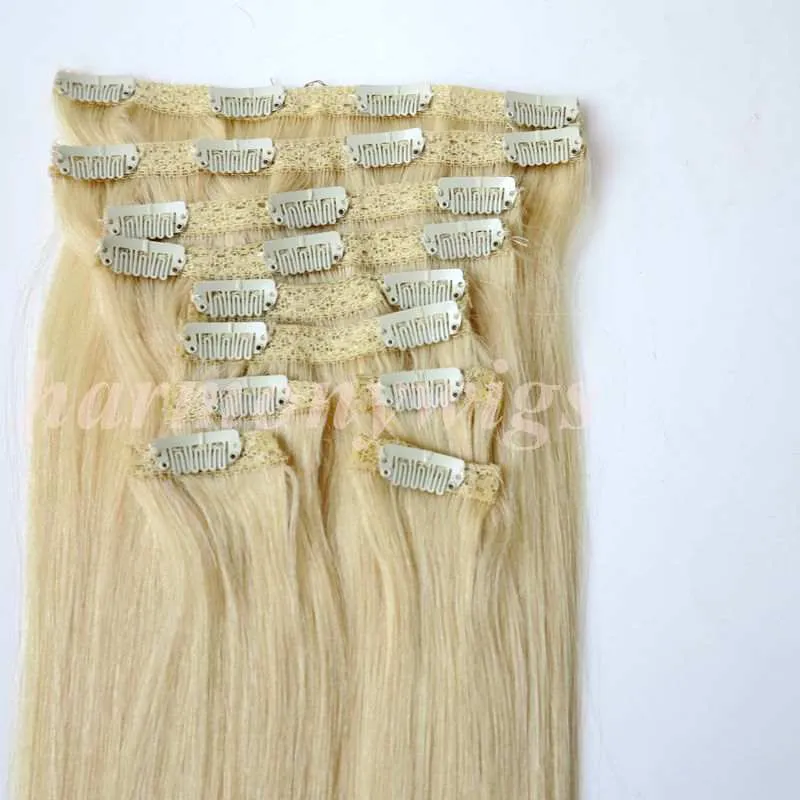 120g 10 sztuk / 1 zestaw Clip In On Hair Extensions Double Drown # 613 / Bleach Blonde 20 22 inch Proste Brazylijskie Ludzkie Przedłużanie Włosów